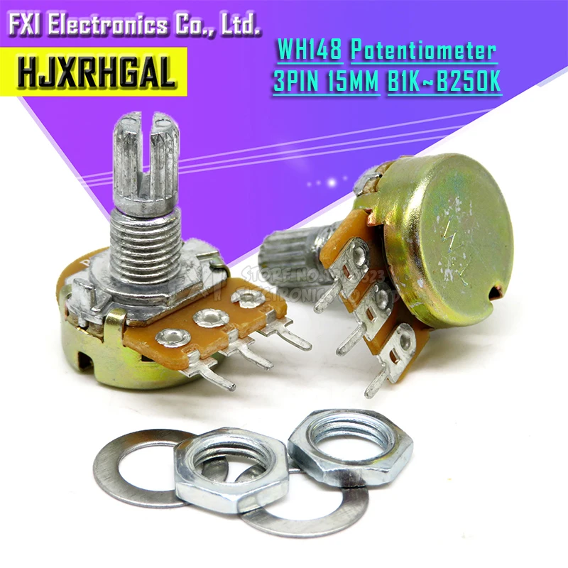 100pcs WH148 B1K B2K B5K B10K B20K B50K B100K B500K 3Pin 15mm Shaft Amplifier Dual Stereo Potentiometer 1K 2K 5K 10K 50K 100K