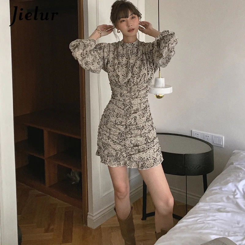 

Jielur Retro Women Dress New Floral Turtleneck Sexy Apricot Black Dress Spring Elegant Lady Long-Sleeved Mini Dresses Female S-L