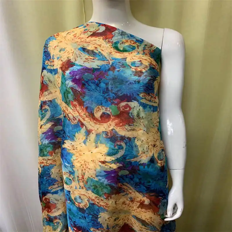 2021 New Fashion High Quality Printed Silk Chiffon Fabric 5+2 Yards For Ladies To Wear Soft Comfortable Silk Chiffon Fabric.1029