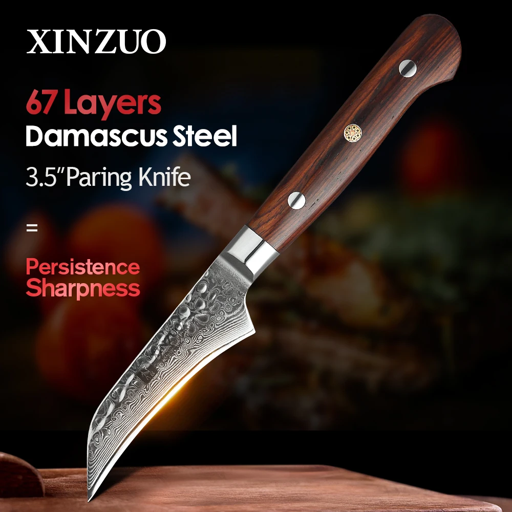 XINZUO 3.5\'\' inch Fruit Knife Stainless Steel Kitchen Accessories Vegetable Slicer Paring Knives Damascus Blade Rose Wood Handle