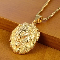 New Fashion Animal Rhinestone Crown Lion Head Hanging Necklace  Luminous Necklace Mengold-Plated Punk Party Pendant Necklace