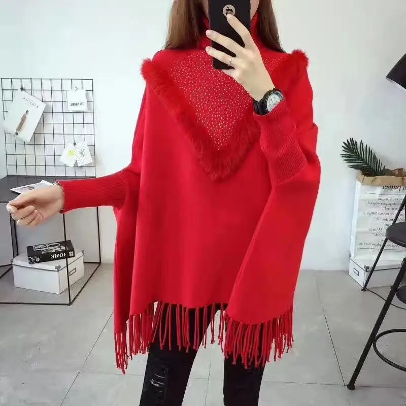 V Style Fur Beading Diamond Sweater Tassel Loose Knitwear Long Batwing Sleeve Streetwear Poncho High Neck Thick Knits Pullover
