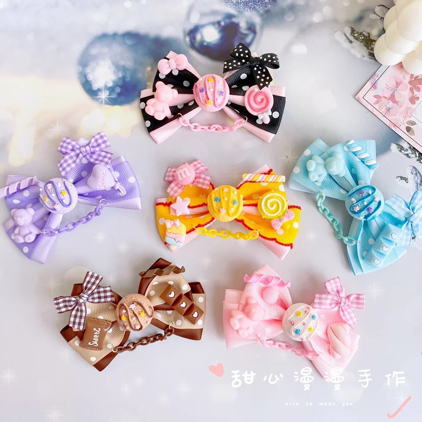 Oryginalny Handmade Lolita słodki łuk Barrettes Lolita stroik miękka dziewczyna łańcuch boczny zacisk żeński