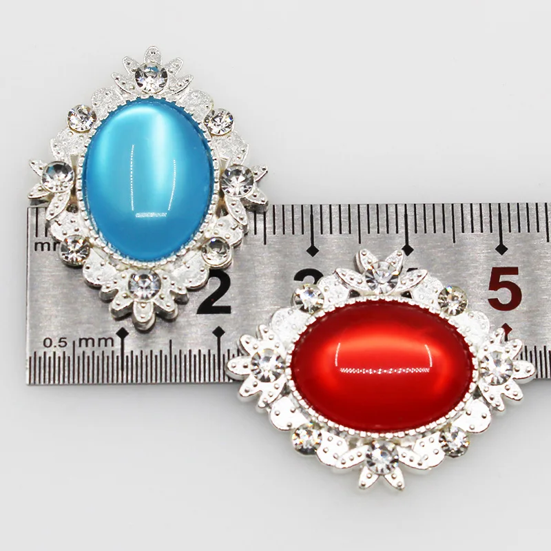 10Pcs 26*31mm Oval Cat Eye Rhinestone Button Silver Metal Wedding Bride Holding Flowers Decorate Hair Accessories Scrapbooking