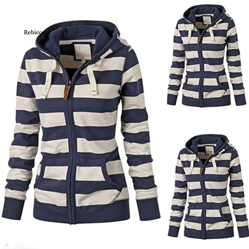 

Women Warm Jacket Striped Hoodie Sweatshirt Top Hooded Pockets Zipper Coat