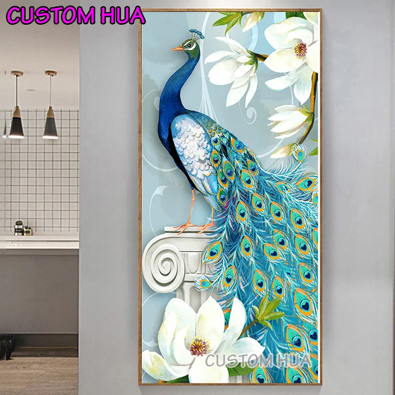 Large 5D diamond painting peacock, white flower diamond embroidery painting Mosaic wall art picture living room decor TT6048