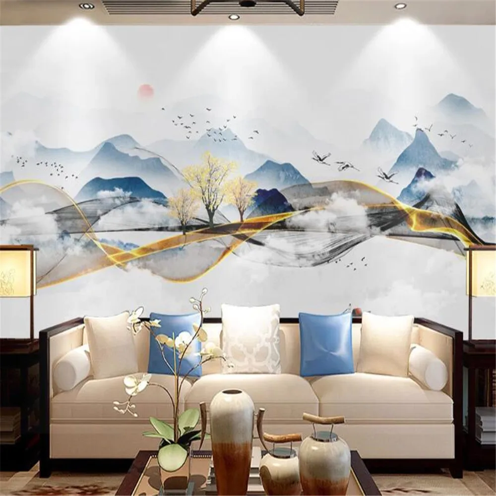 Milofi new Chinese artistic conception cloud and fog ink landscape golden Jiangnan mural wallpaper background wall