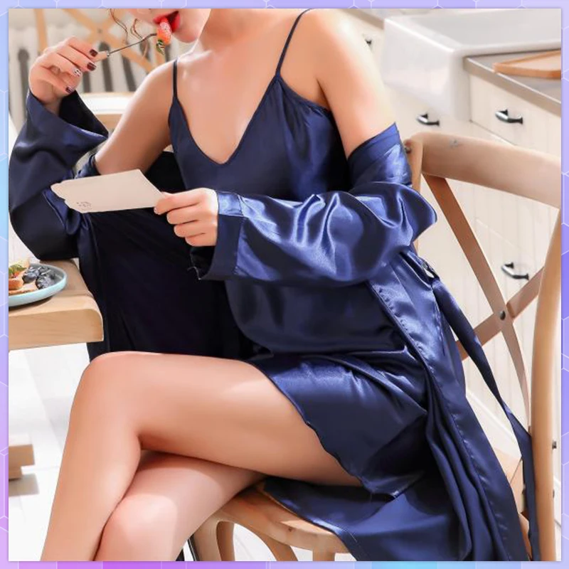 2 Piece Set Women Silk Kimono Robes Sexy Lingerie Women Wedding Party Bridesmaid Robe Satin Nightgown Bathrobe Pajama Sets