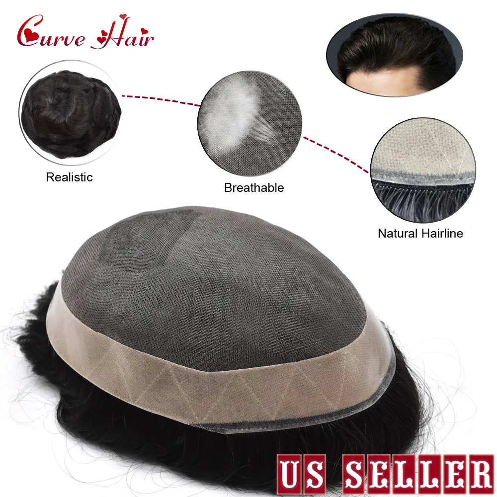 

Durable Fine Mono Mens Toupee 1"Poly Coating Around Breathable Mens Wig Human Hair Replacement Systems