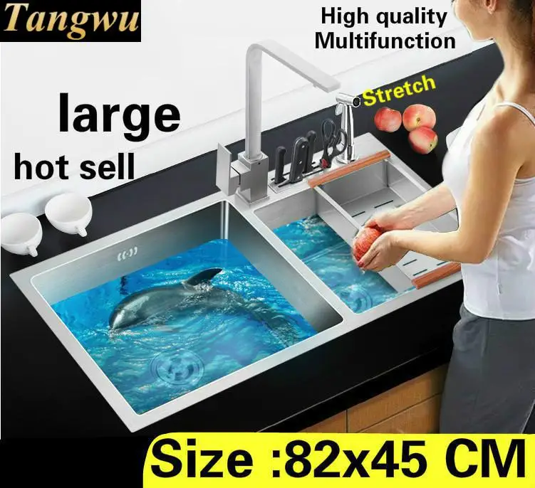 

Free shipping Home large kitchen manual sink double groove vogue multifunction wash vegetables 304 stainless steel 820x450 MM