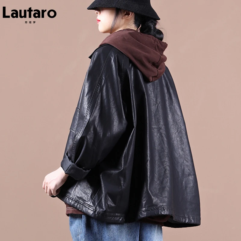 Lautaro Spring Short Black Oversized Faux Leather Jacket Women Raglan Sleeve Pockets Korean Fashion Clothing Streetwear 2021