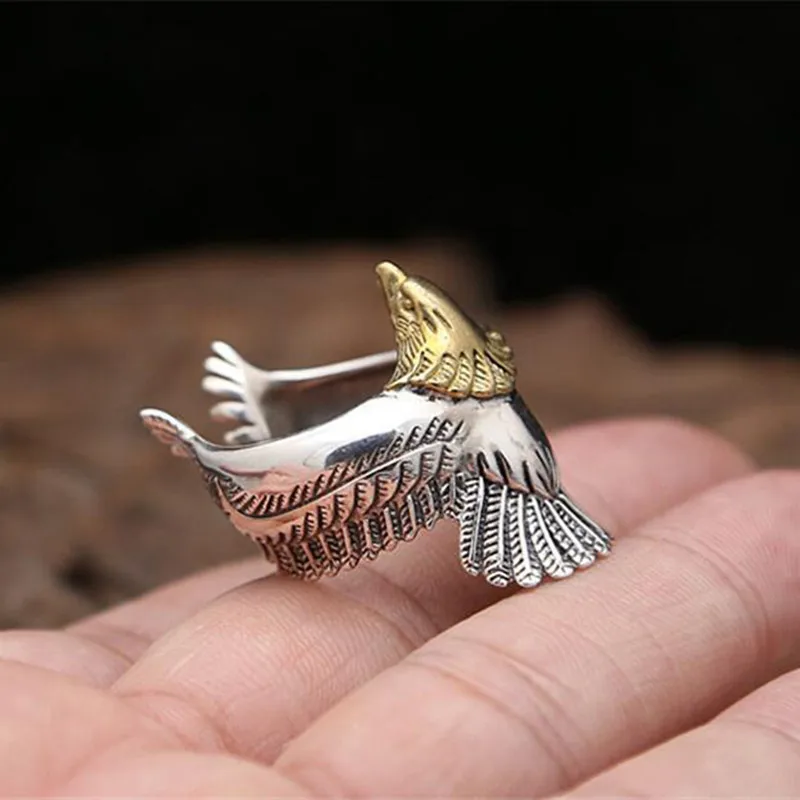 Buyee 925 Silver Male Unique Big Rings Vivid Golden Eagle Head Animal Rock Punk Jewelry Ring for Men