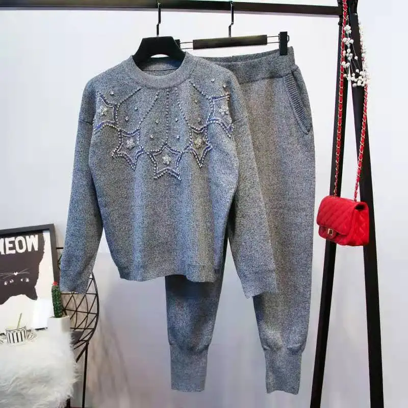 Casual Knitted Suit Women  Autumn And Winter Star Handmade Beaded Knitted Pullover Sweater + Casual Pants Fashion Two-piece Suit