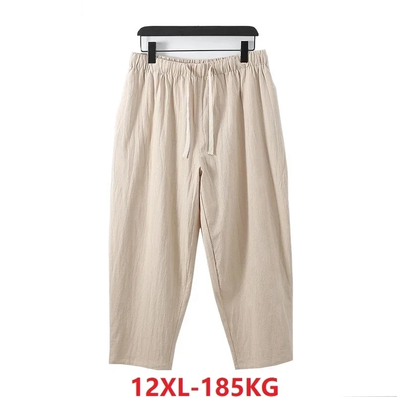 Pijamas de talla grande para hombre, pantalones elásticos de algodón y lino, ropa de casa suelta, Estilo vintage, para primavera y verano, 12XL, 185KG