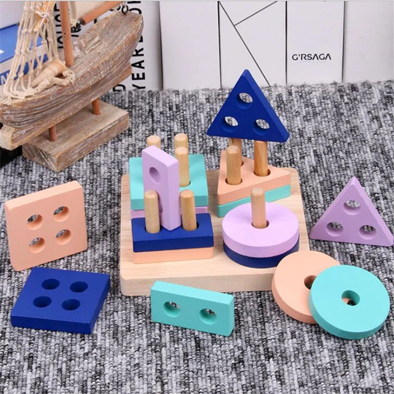 Color Matching Wooden Toys Math Geometry Shape Cognitive Building Toy Kids Puzzle Toy Wooden Shape Sorting Brick Toys for Baby