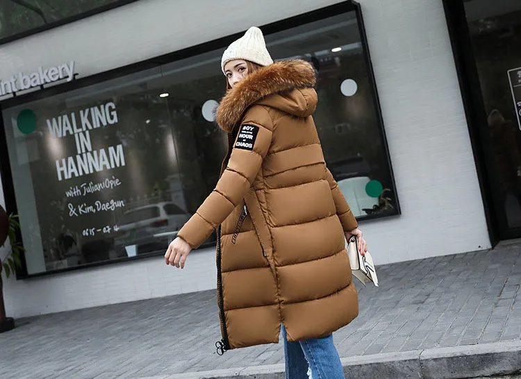 2025 Women's Down Parkas Winter Jacket Big Fur Collar Thick Slim Coat Fashion Hooded Cotton Outerwear Long Winter Woman Coat