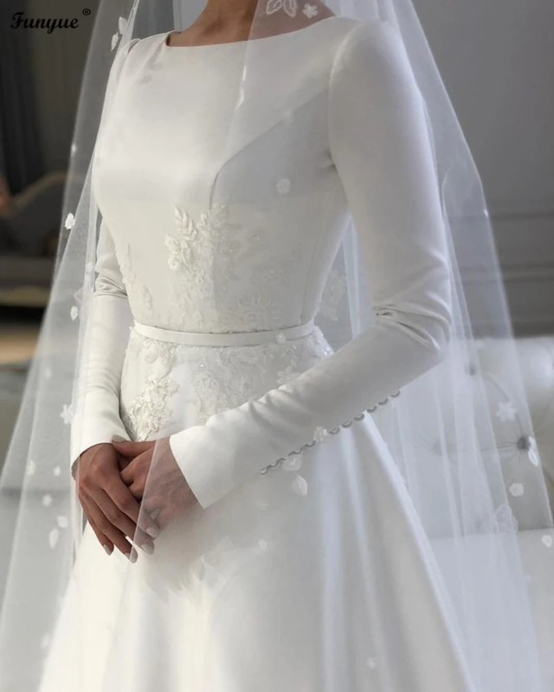 Vestido De Novia 2024 Long Sleeves Muslim Bridal Wedding Gown with Veils Appliques Lace Satin A-line Simple Bride to be Dress