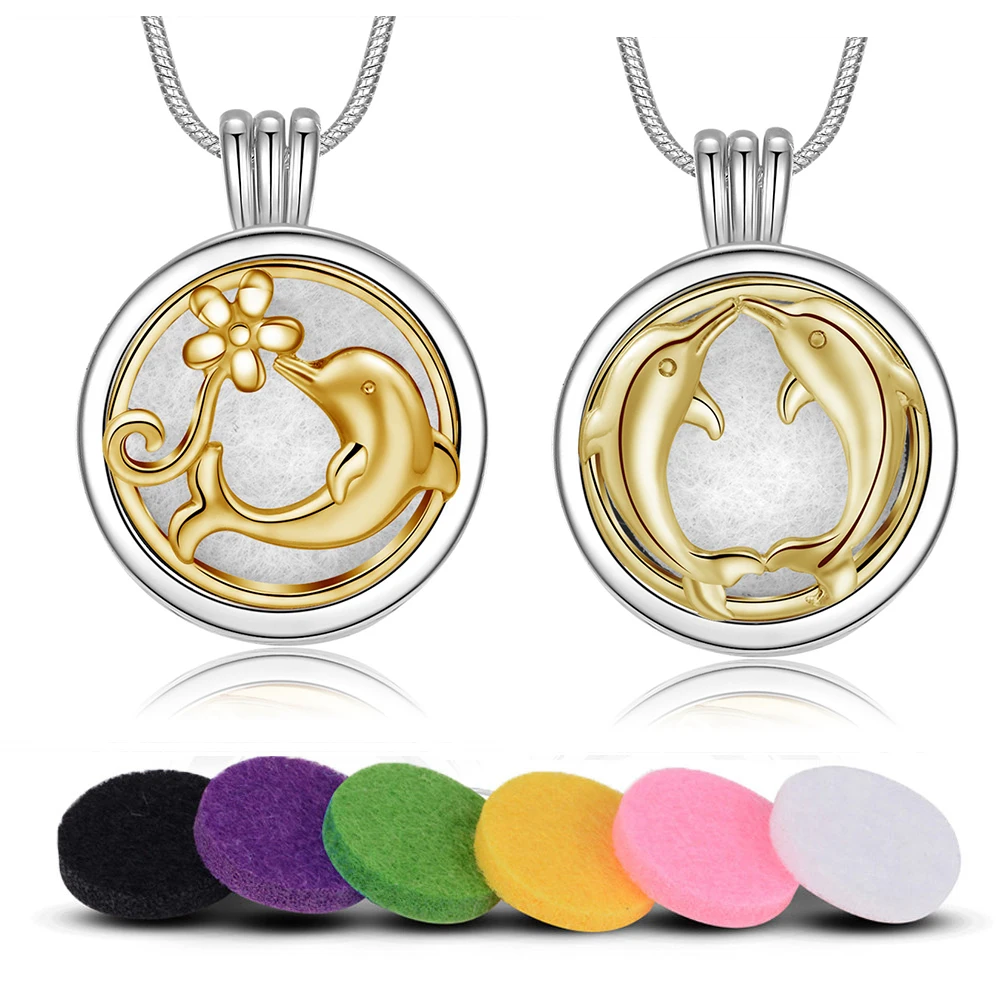 

Eudora 20mm Two dauphin & flower Aromatherapy Necklace round Perfume Locket Essential Oils Diffuser Pendant Aroma DIY Jewelry