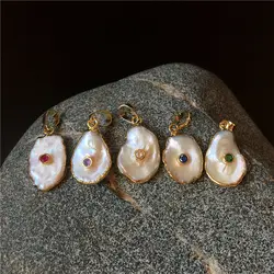 FUWO Wholesale Natural Freshwater Pearls Pendant With Zircon Charm, Golden Plated Free Shape Jewelry Accessories 5Pcs/Lot PD602