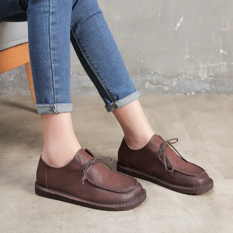 Miękkie dno kobiety mieszkania oryginalne skórzane buty dla matek zasznurować okrągłe Toe miękkie Retro wygodne klasyczne buty mody dla kobiet