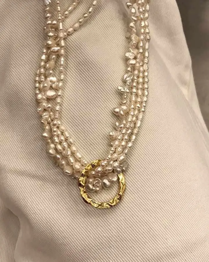 Brass With 18K Natural Pearl Layered Necklace Women Wedding  Jewelry Runway Party Japan Souch Korea Fashion