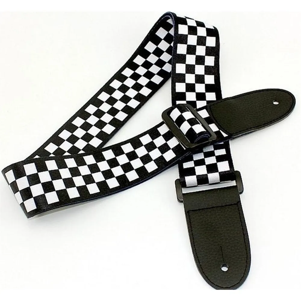 1Pcs Black White Bass Acoustic Electric Guitar Strap Checkered Nylon PU Leather Head Ends Guitar Accessories Parts