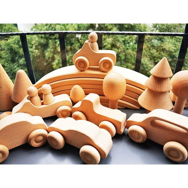 Unpaint Beech Trees Cars Basswood Building Bridge Kids Wooden Montessori Stacking Blocks