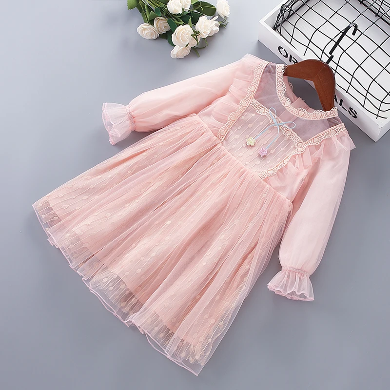 

3-7 Year High Quality Spring Girl Dress 2021 New Lace Chiffon Flower Draped Ruched Kid Children Clothing Girl Princess Dress