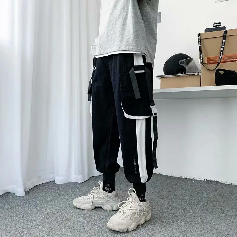 Summer Cargo Pants Mens Ribbon Beam Feet Korean Version Fashion Loose Street Hip-hop Harem Pants Bib Overall  Joggers Sweatpants