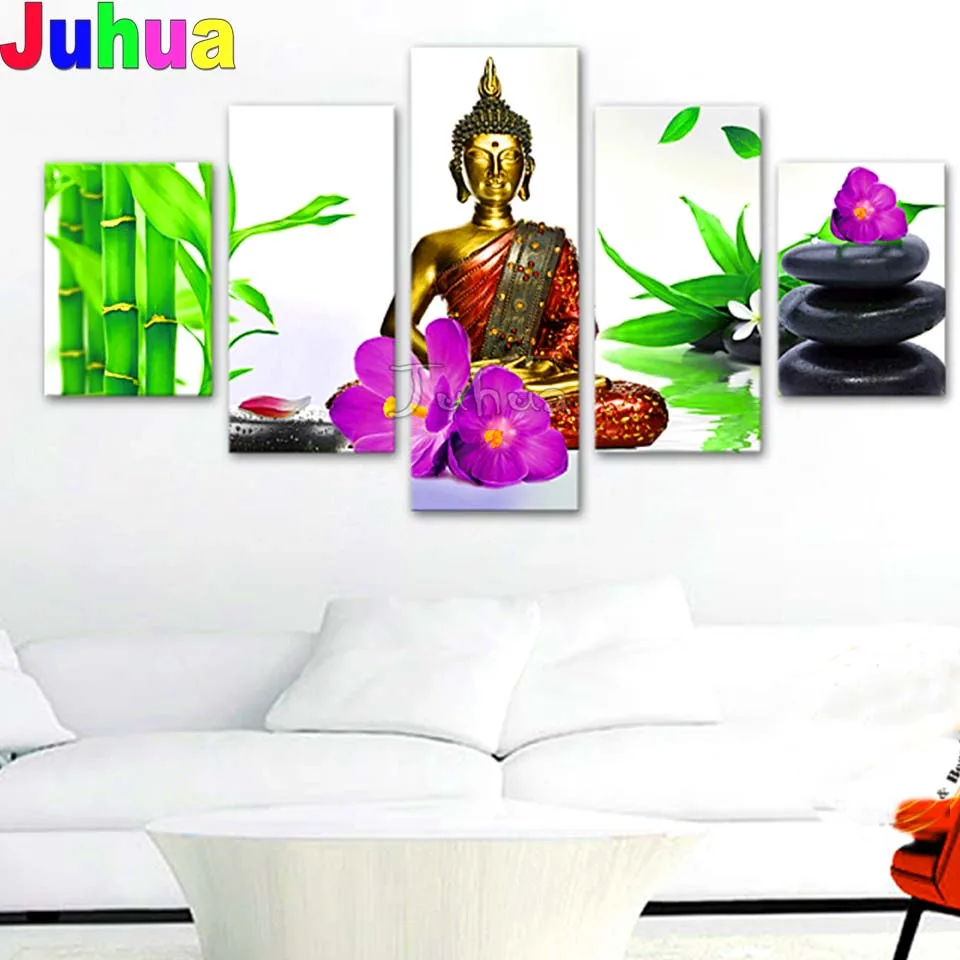 

Buddha Bamboo Purple Flowers 5d diy diamond painting 5 piece full square drill mosaic picture of rhinestones Diamond embroidery