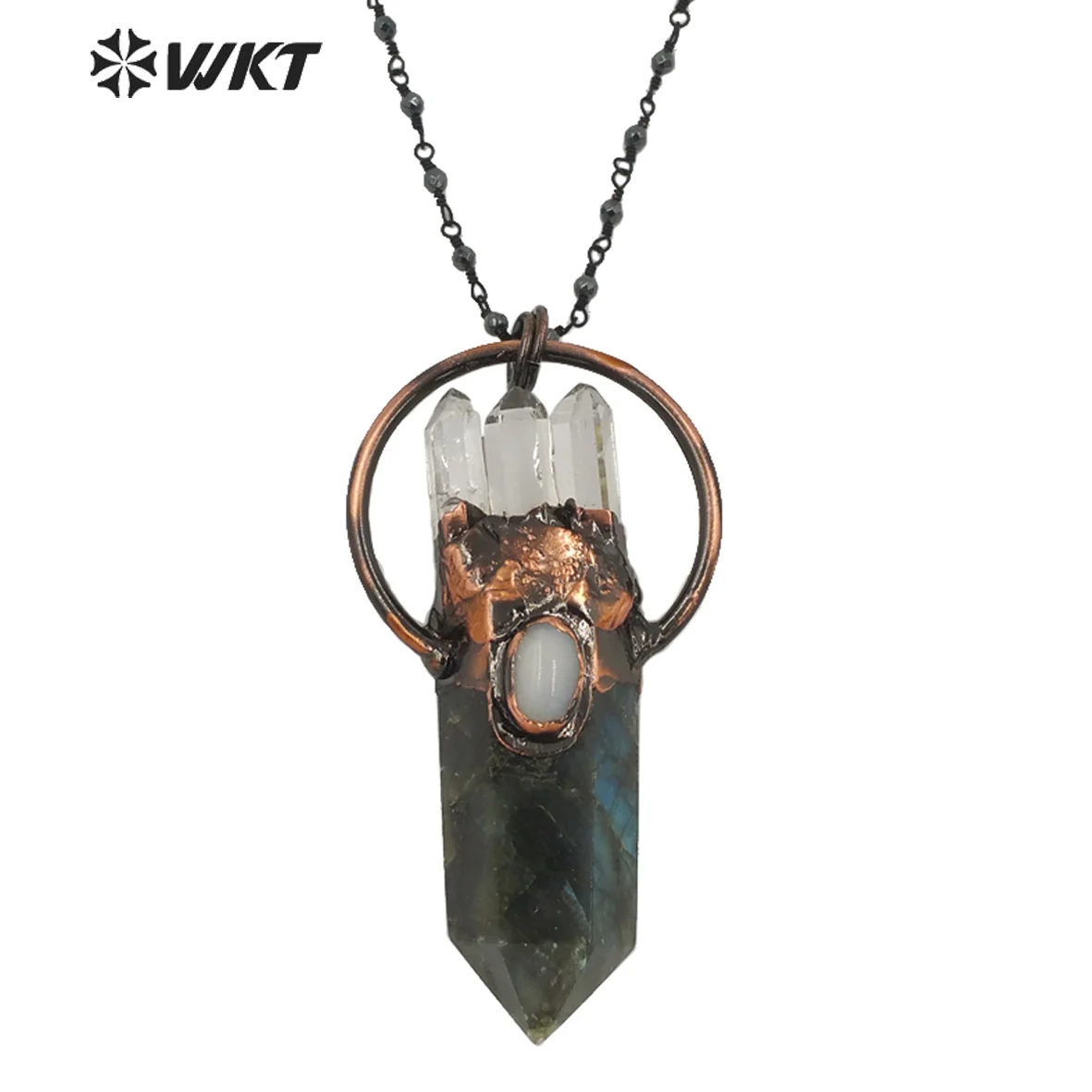 

WT-N1262 Women Bohemian Style Natural Labradorite Point Stone Necklace With Antique Copper Plated Lady Retro Decorative