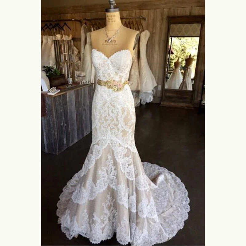 Robe de mariée sirène en dentelle, élégante, Champagne, pour mariée, chérie, dos ouvert, ceinture à nœud floral, 2020