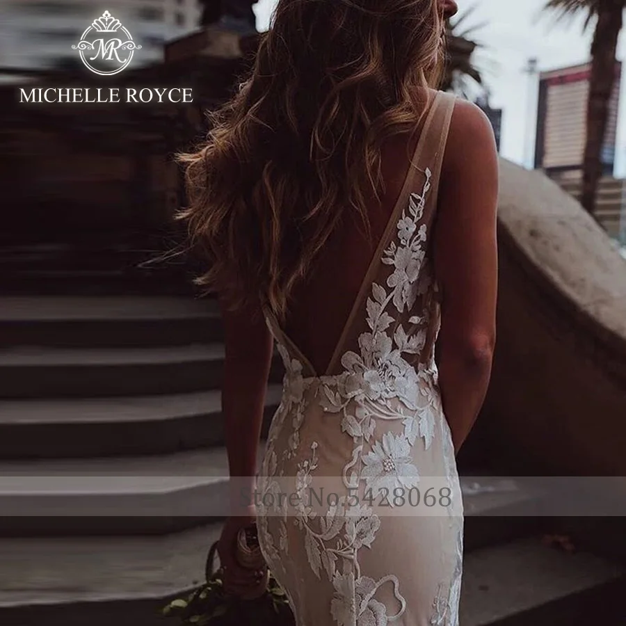 Michelle royce sereia vestidos de casamento para mulher 2022 profundo decote em v apliques sem costas capela trem vestido de casamento Vestidos De Novia