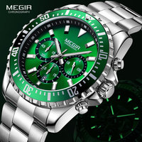 MEGIR Men's Chronograph Quartz Watches Stainless Steel Waterproof Lumious Analogue 24-hour Wristwatch for Man Green Dial 2064G-9