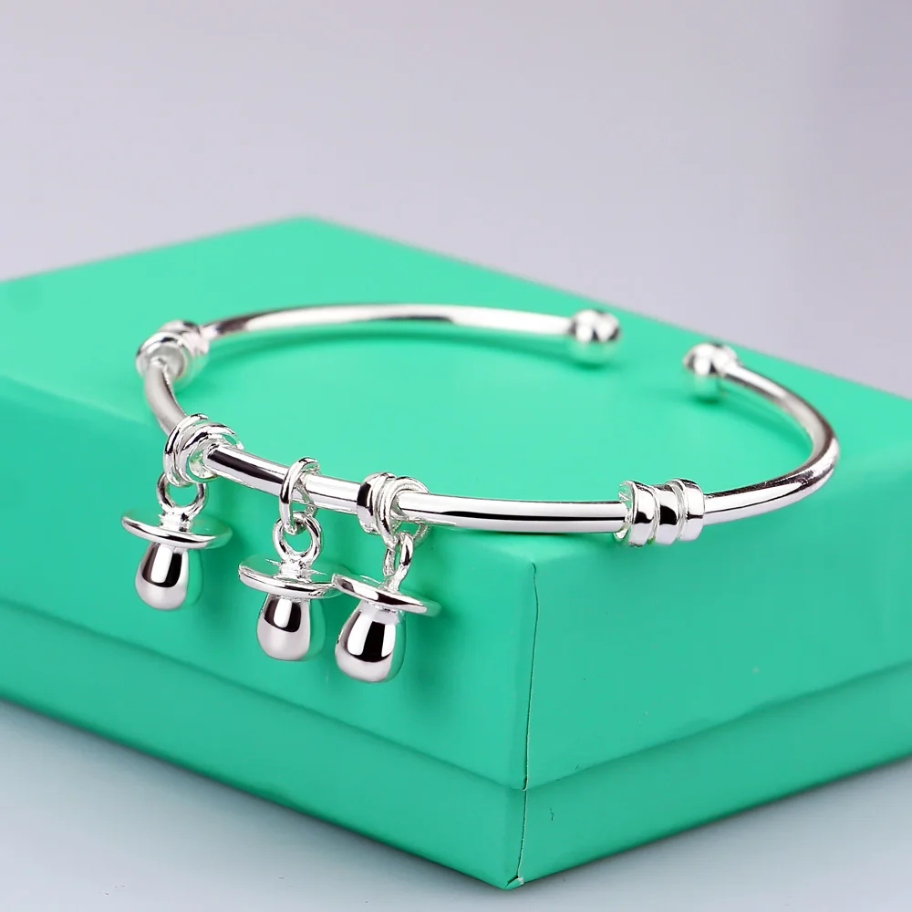 100% 925 Sterling Silver Bracelet for Women And Girls with Cute Pacifier Pendant Adjustable Size Bangle Fashion Jewelry Gift