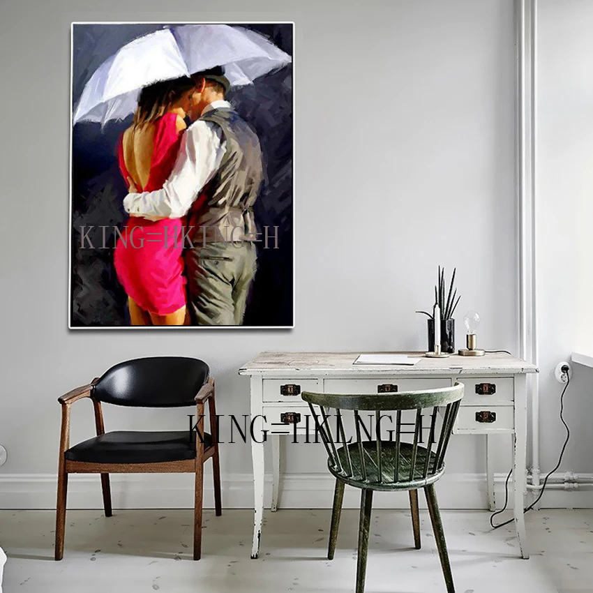 Artist Handmade High Quality Grey Silver Art Oil Painting on Canvas Abstract Oil Painting Lover Under Red Unbrella Oil Painting