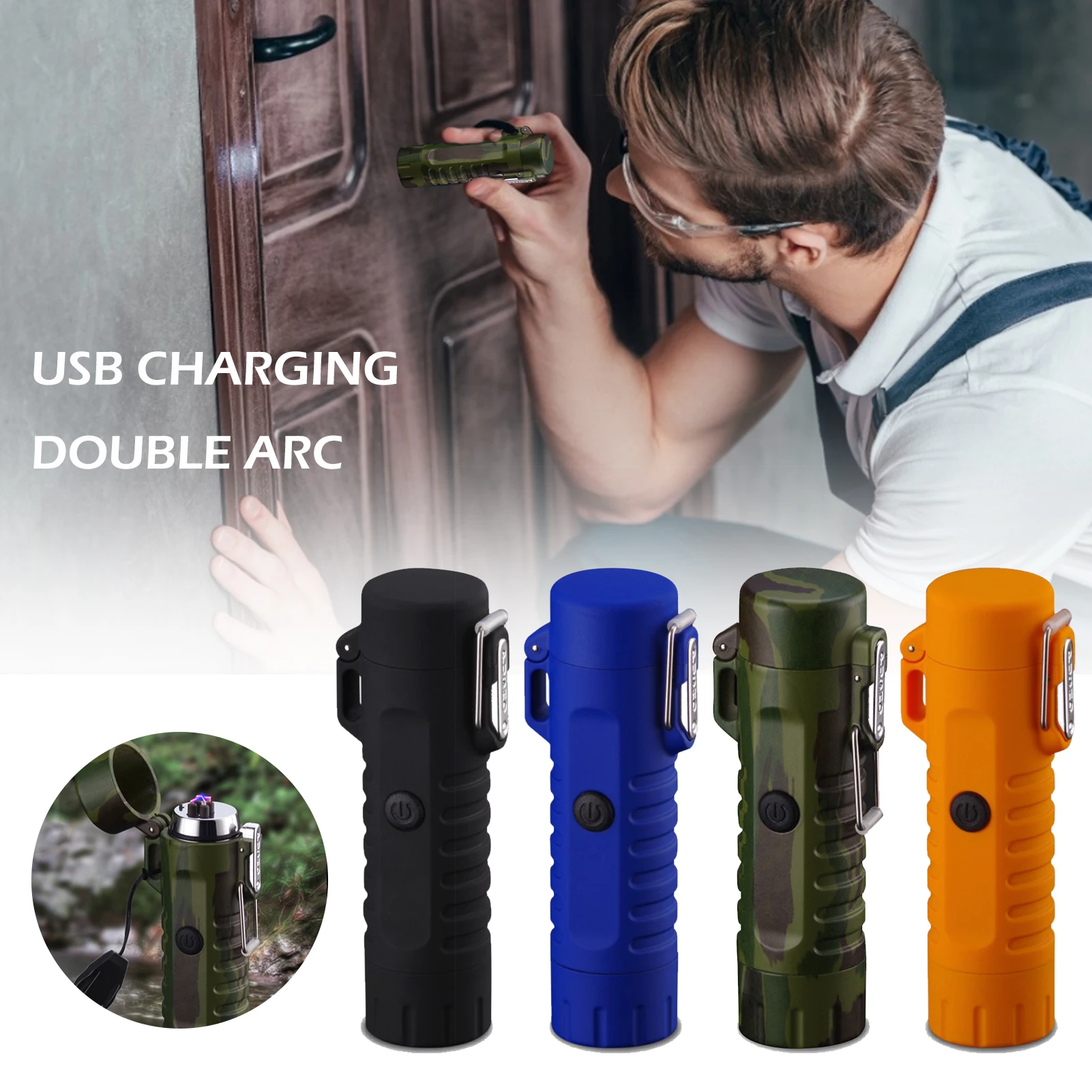 USB Rechargeable Dual Arc Lighter Camping Flashlight Electric Lighter  Long-term sealing waterproof and windproof