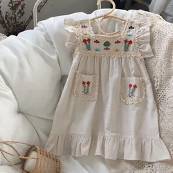 Summer Girls' Dress British Style Retro Embroidery Little Girl Flying Sleeves Princess Dress Baby Kids Children'S Clothing