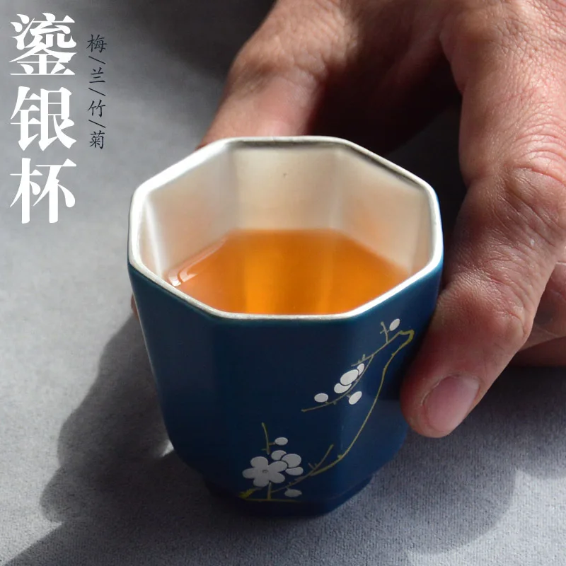 999 Gilded Silver Cup Plum Blossoms Orchids Bamboo Chrysanthemum Kung Fu Tea Cup Blue Matte Silver Cup