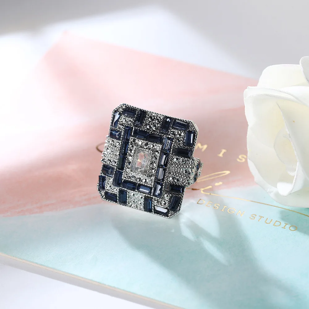 Vintage Style Blue White CZ Zircon Stone Silver Color Square Rings For Women Fashion Wedding Engagement Jewelry Hot Sale
