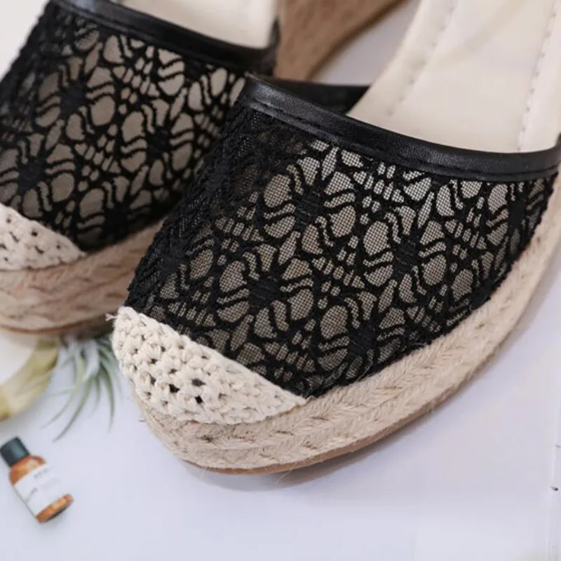 Women Summer Wedge Pumps Lace Air Mesh Sandals Ladies Ankle Strap Fisherman Sandal chaussure femme Straw Braided Female Wedges