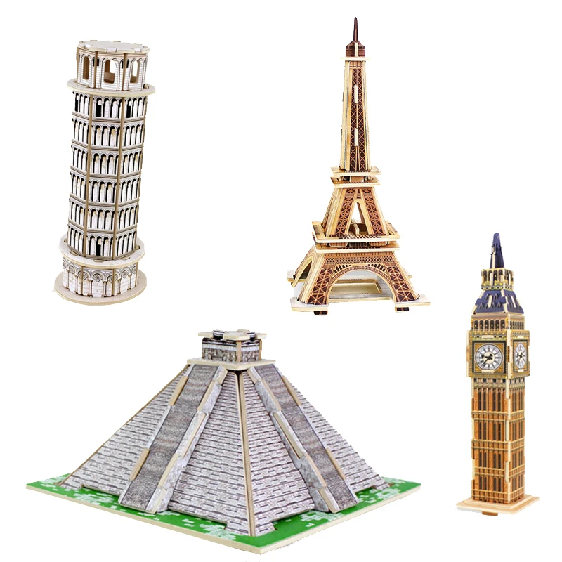 

Handmade Wooden Model Block Toy Set - Eiffel Tower & Pyramids - Famous Buildings Educational Toy for Children
