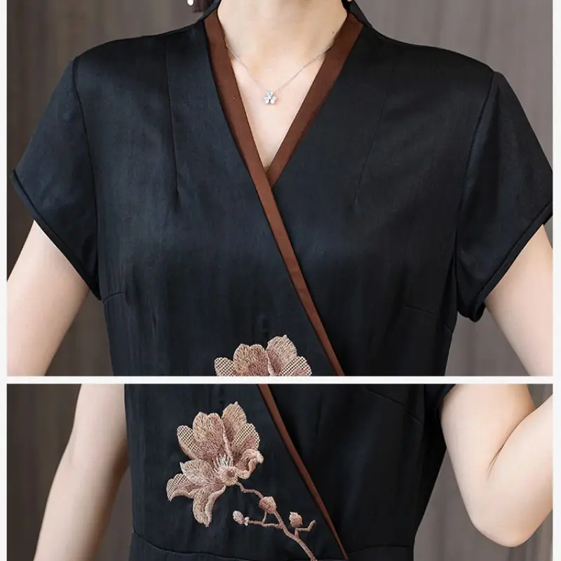 2021 Summer New Chinese Style Improved Embroidery Cheongsam Ethnic Mulberry Silk Dress Midi Female Irregular Vestidos zh1465