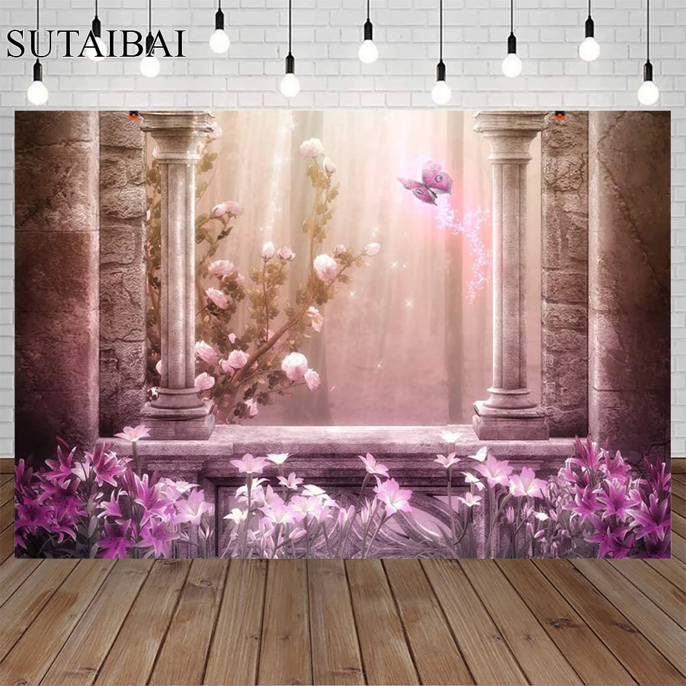 

Spring Cartoon Fairy Tale Castle 1st Girl's Birthday Party Banner Kid Backdrop Little Princess Cake Smash Photo Photography