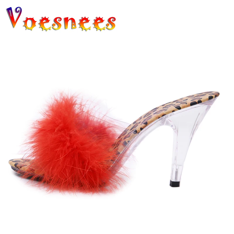 Voesnees scarpe da donna pantofole da donna in pelliccia con motivo leopardato 2021 nuovi tacchi alti in cristallo trasparente 7cm 10 cm pantofole