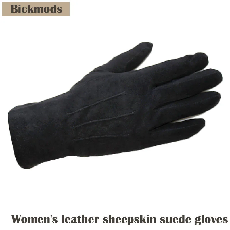 Sheepskin Suede Gloves Female Leather Black Velvet Lining Fashion Hand Repair New Autumn and Winter Warmth Outdoor Travel Points