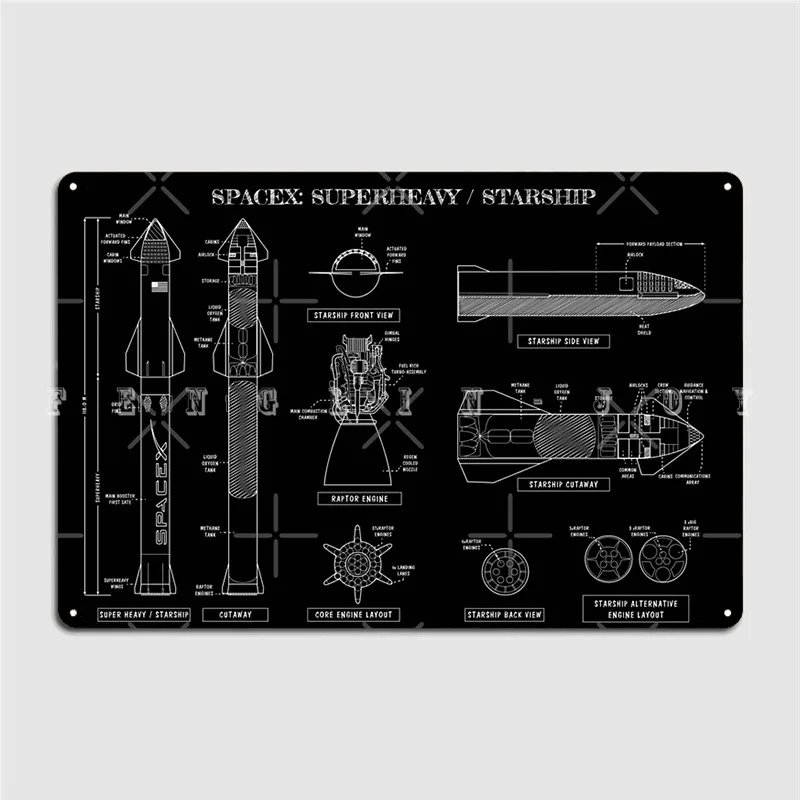 Spacex: Super Heavy Starship White Stencil-No Background Metal Sign Cinema Living Room Kitchen Plaques Tin Sign Poster