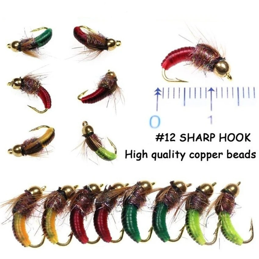 WIFREO 24Pcs #12 Brass Bead Head Fast Sinking Caddis Nymph Fly Trout Fishing Flies Artificial Insect Fishing Bait Lure