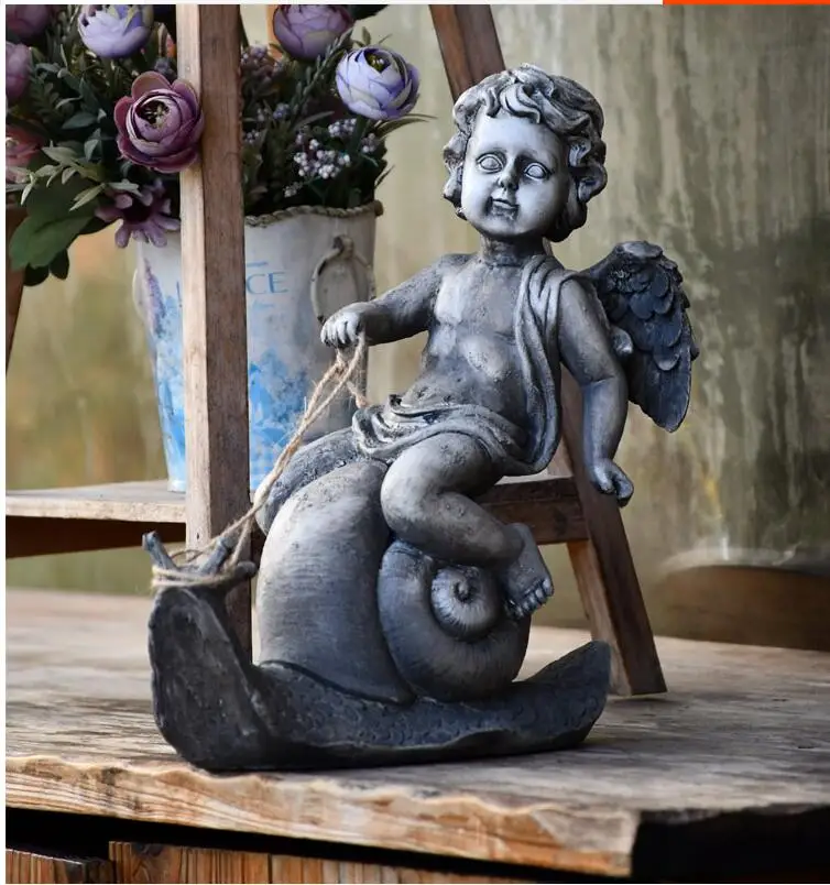 European Resin Angel Riding A Snail Ornaments Courtyard Villa Park Figurines Decoration Gardening Groceries Furnishings Crafts