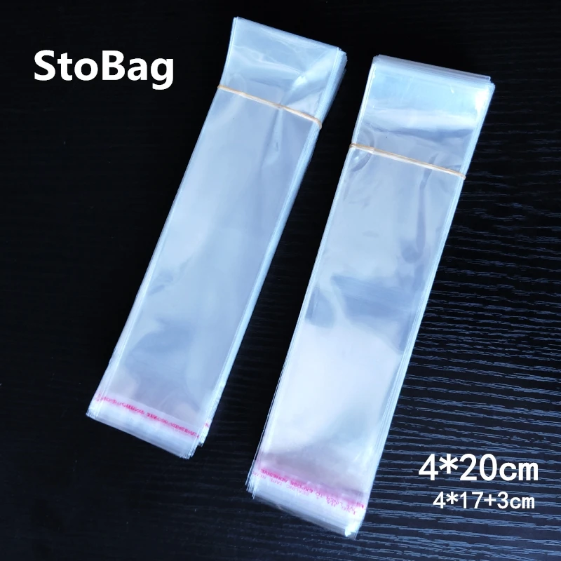 StoBag 1000pcs 4*20cm Small Clear Opp Packing Bags Slender Bag Packaging Self Adhesive Bag Plastic Jewelry Gift Bag Long Bag OEM